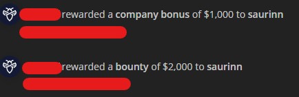 Two Intigriti notifications for the second report: a $2,000 bounty and a $1,000 company bonus, with the program name redacted.