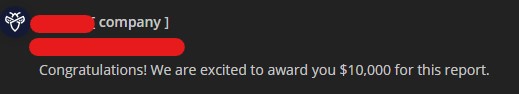 Intigriti notification awarding $10,000 for the report, with the program name redacted.