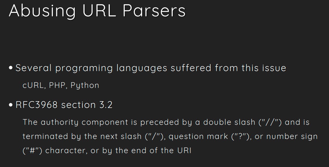 Slide listing cURL, PHP and Python as affected by URL parser differences, quoting RFC 3986 section 3.2 on where the authority component terminates.